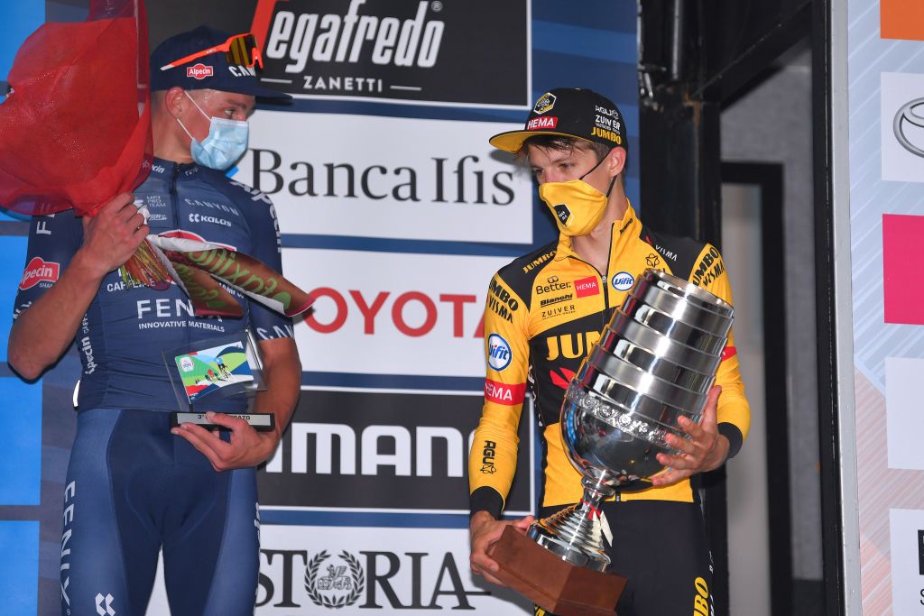 BAROLO ITALY AUGUST 12 Podium Mathieu van der Poel of The Netherlands and Team AlpecinFenix George Bennett of New Zealand and Team JumboVisma Celebration Trophy during the 104th Giro del Piemonte 2020 a 187km race from Santo Stefano Belbo to Barolo 294m GranPiemonte GranPiemonte on August 12 2020 Barolo Italy Photo by Tim de WaeleGetty Images