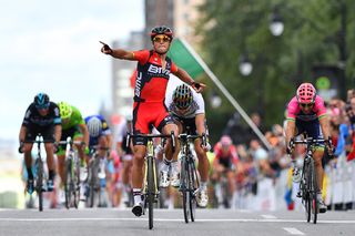 Greg Van Avermaet (BMC) starts his victory celebration