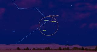 On Sunday, Sept 10 low in the pre-dawn Eastern sky, Mercury will sit only 0.6 degrees (less than a finger width) to the right of the bright star Regulus. Dimmer reddish Mars will sit 3 degrees below the pair. For the best chance of seeing them, look between 5:45 and 6 a.m. local time.