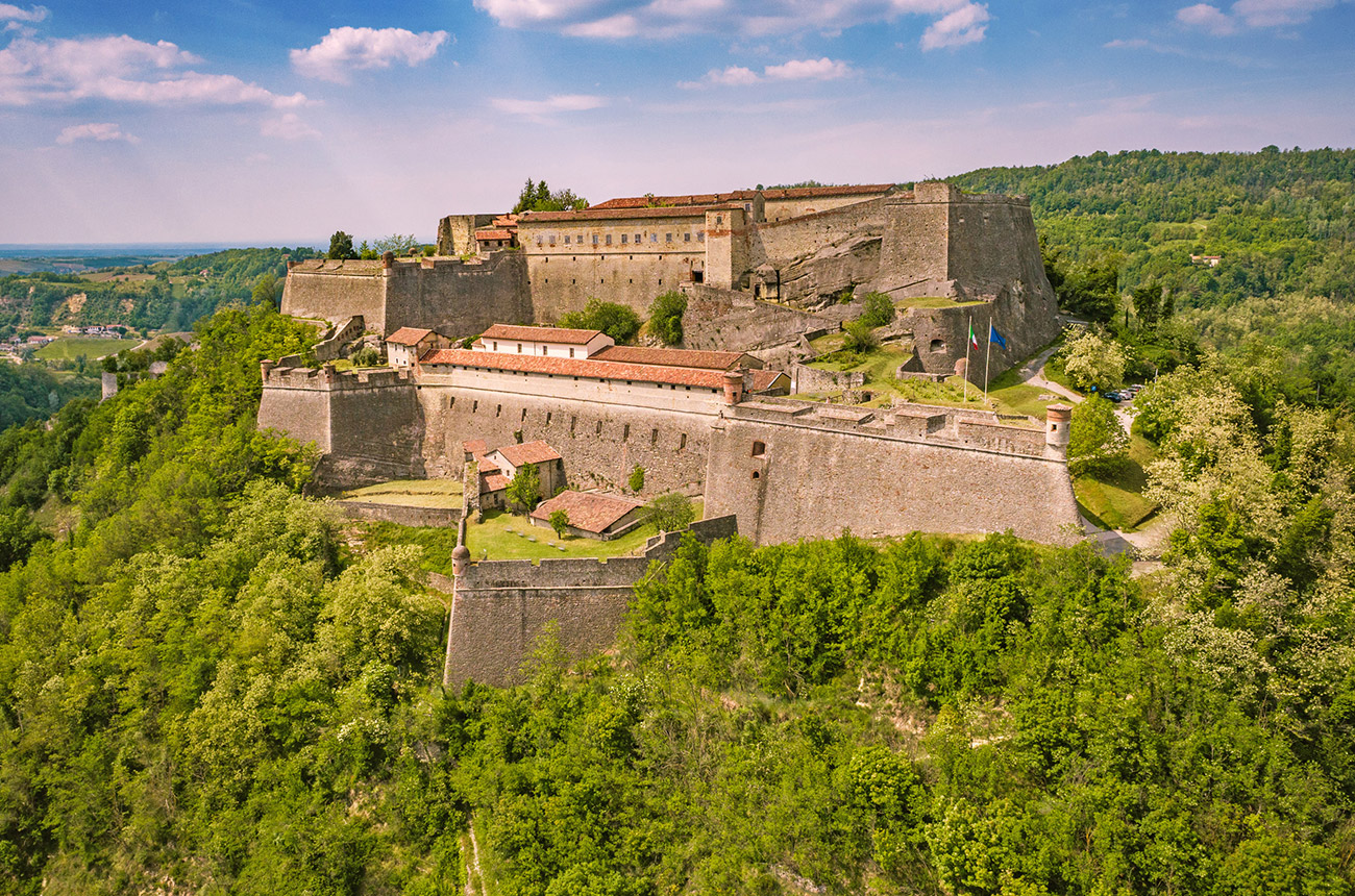 A large reinforced castle town on a hill, surrounded by trees, with blue sky