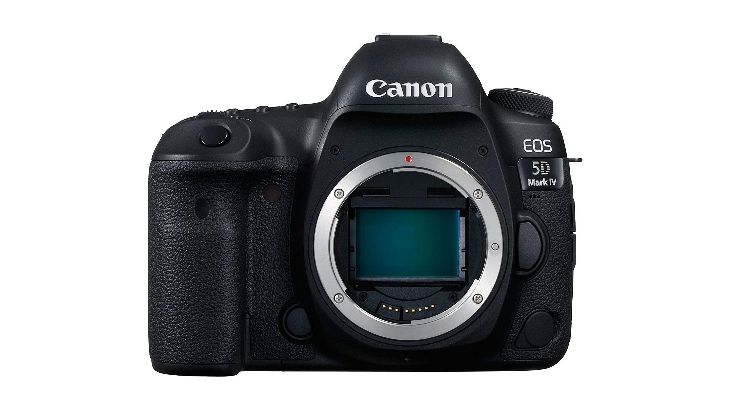 The Canon EOS 5D Mark IV in front of a white background