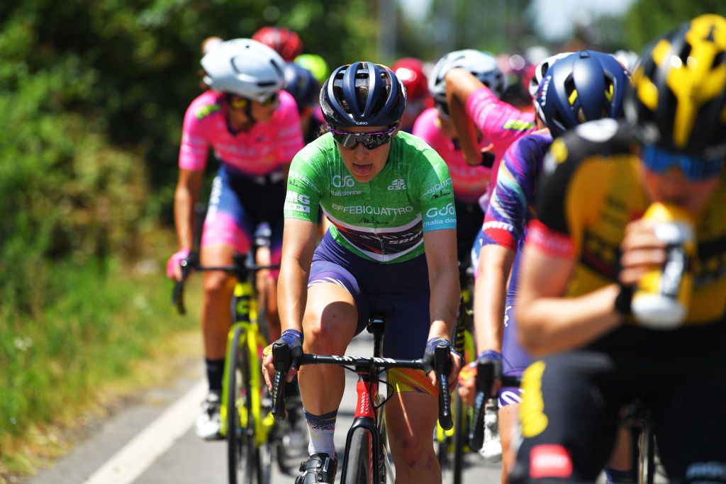 CARUGATE ITALY JULY 06 Elise Chabbey of Switzerland and Canyon SRAM Racing Team Green Mountain Jersey during the 32nd Giro dItalia Internazionale Femminile 2021 Stage 5 a 1201km stage from Milano to Carugate GiroDonne UCIWWT on July 06 2021 in Carugate Italy Photo by Luc ClaessenGetty Images