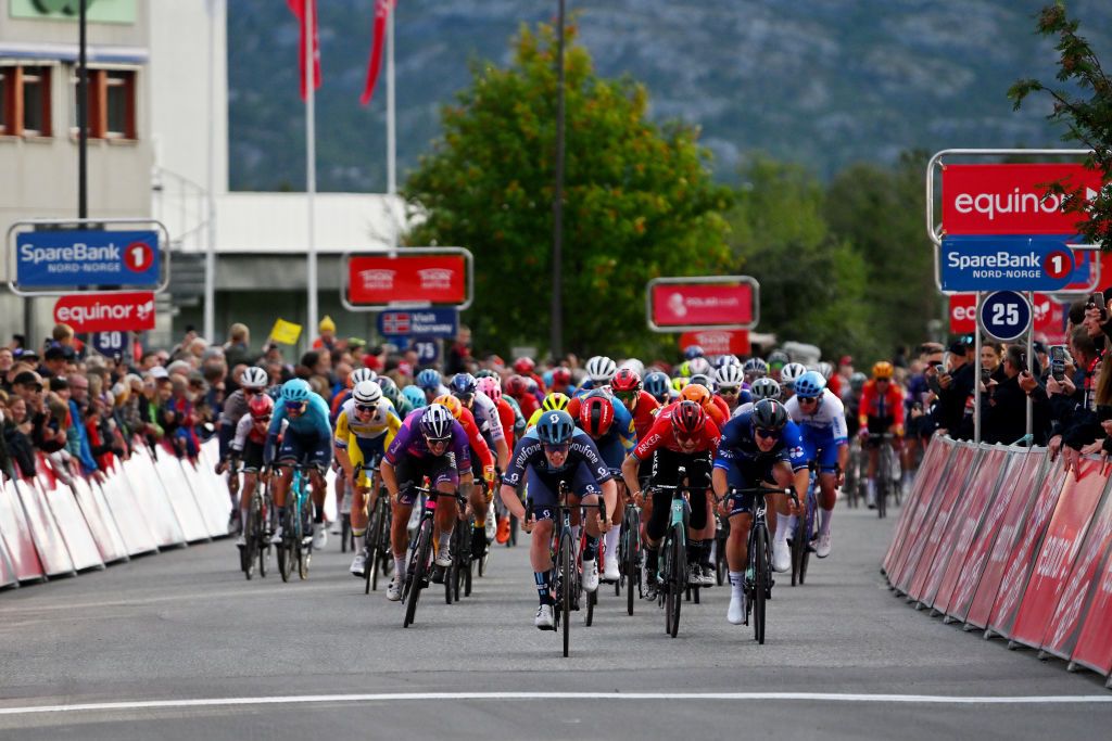 ALTA NORWAY AUGUST 17 A general view of Alberto Dainese of Italy and Team DSMFirmenich Noah Hobbs of Great Britain and Team GroupamaFDJ Continental and Clment Champoussin of France and Team ArkaSamsic sprint at finish line during the 10th Arctic Race of Norway Stage 1 a 171km stage from Kautokeino to Alta UCIWT on August 17 2023 in Alta Norway Photo by Luc ClaessenGetty Images