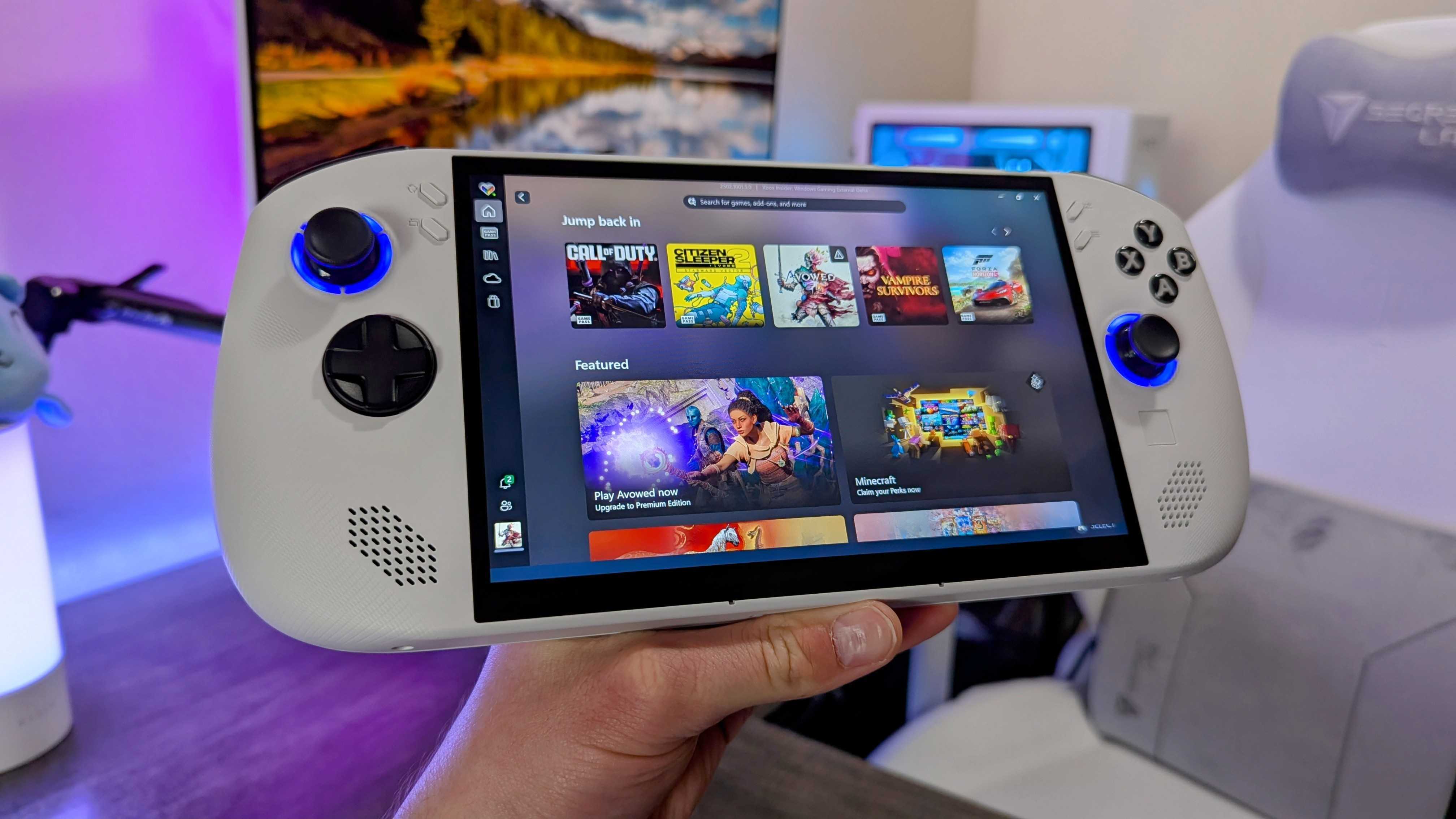 The Lenovo Legion Go S held in a hand with the Xbox app opened.