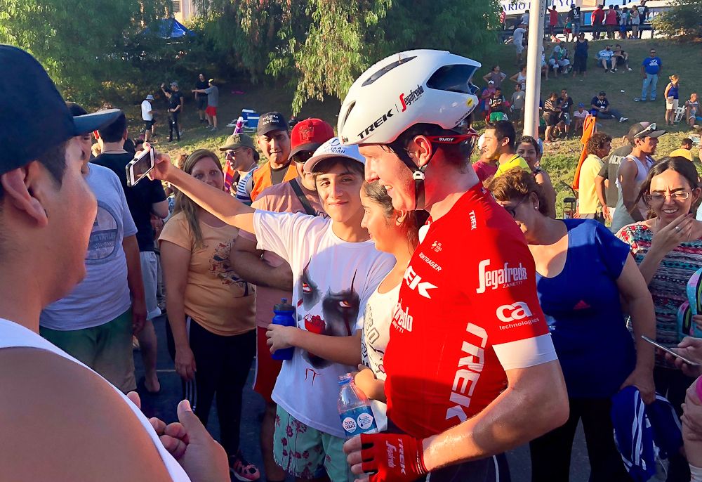 Trek-Segafredo's Greg Daniel poses for a selfie with fans in Argentina