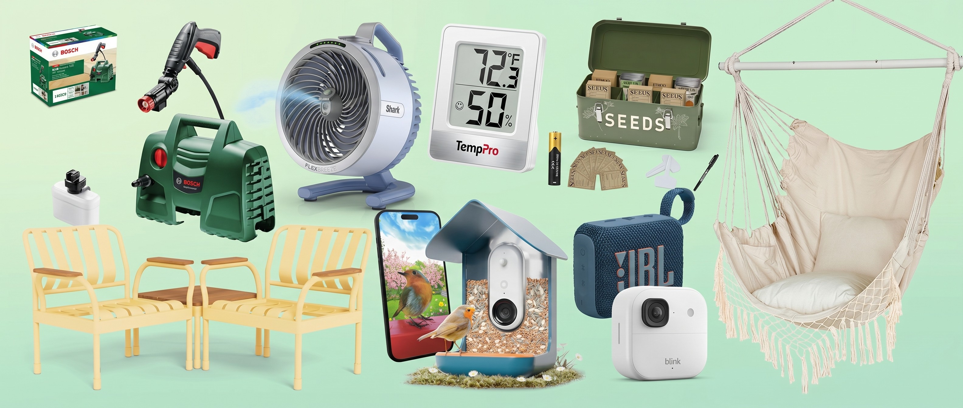 Gardening products on green gradient background