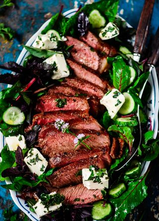 Steak and feta salad with green veg
