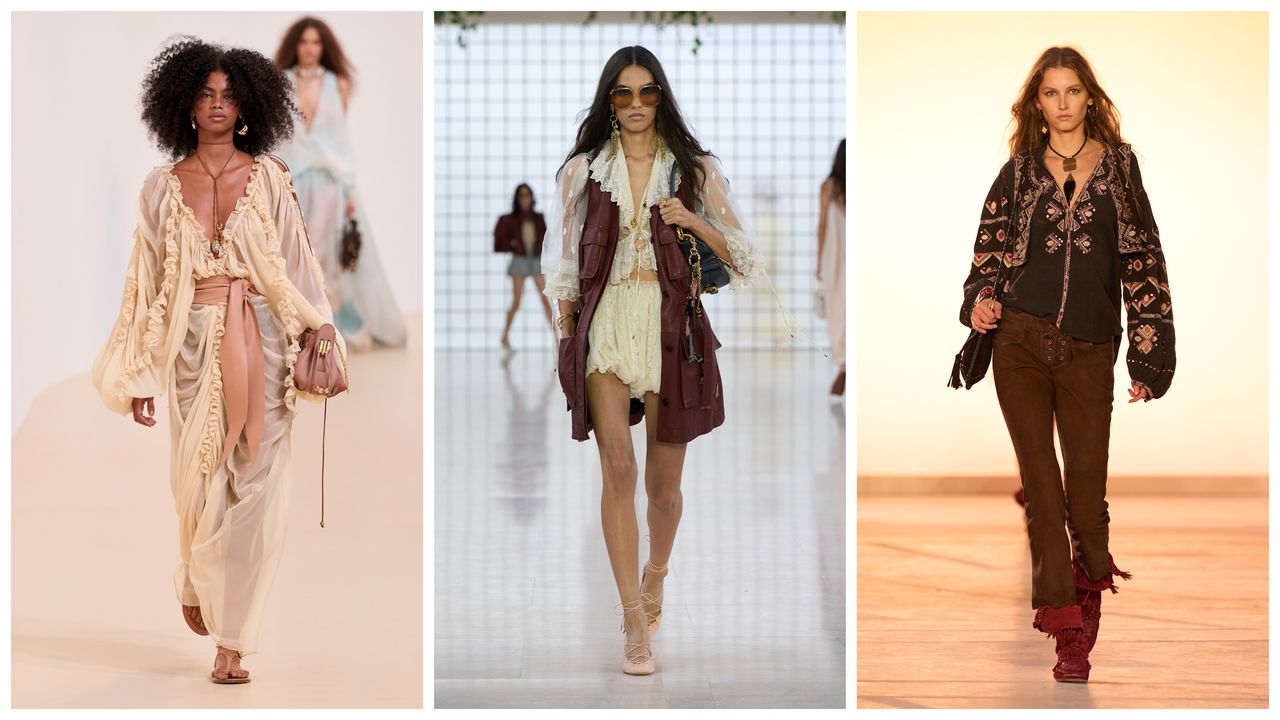 women wearing boho clothing on the spring 2025 runways of Zimmermann, Chloe, and Isabel Marant 