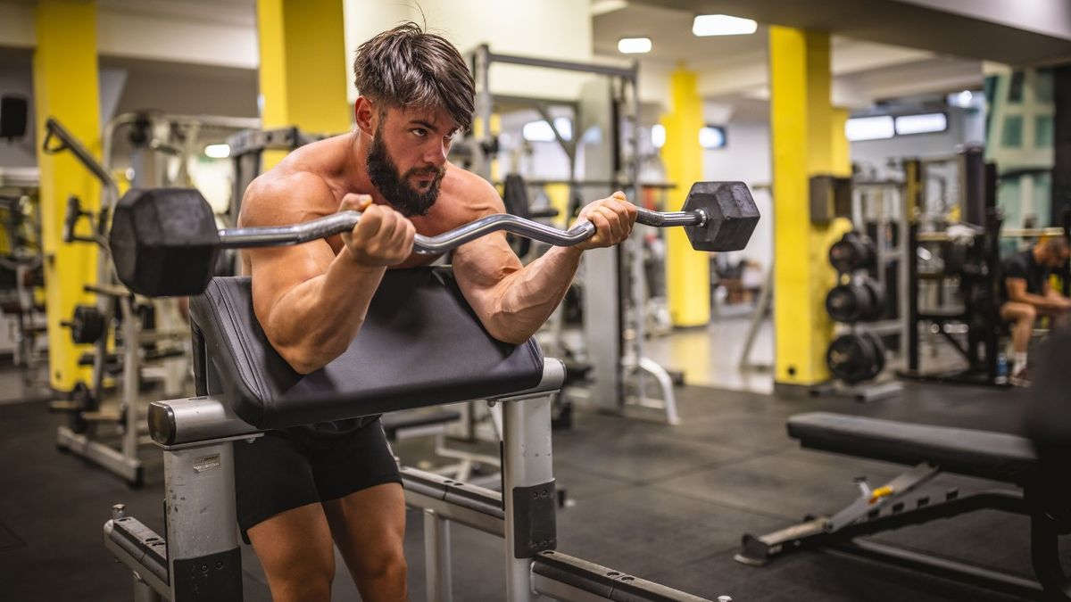 Man performs EZ-bar preacher curl in gym