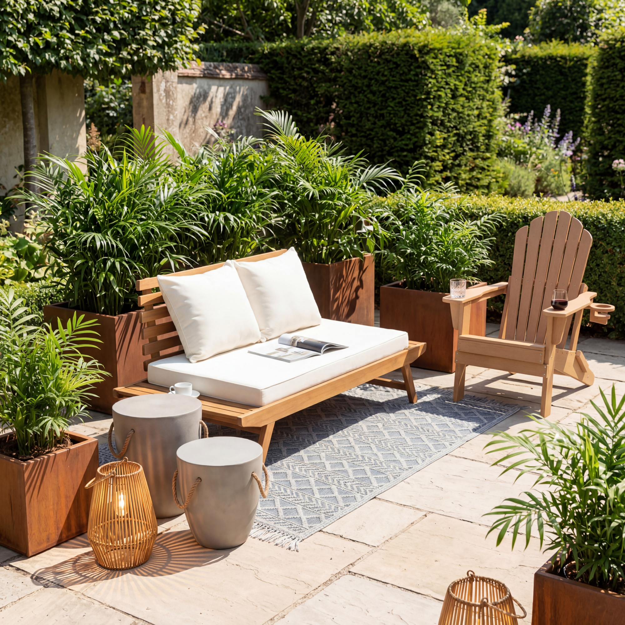 Patio scene in sunny garden with designer-look sofa and planters