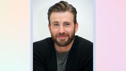 Actor Chris Evans smiling against a white backdrop, at the "Avengers: Age of Ultron" Press Conference at Walt Disney Studios on April 11, 2015 in Burbank, California. - on a multicolored pastel background