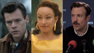 From left to right: Harry Styles in My Policeman, Olivia Wilde in Don't Worry Darling and Jason Sudeikis in Ted Lasso