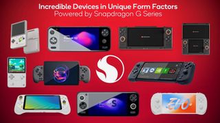 10 handhelds on a red background with the Qualcomm Snapdragon logo in the middle.