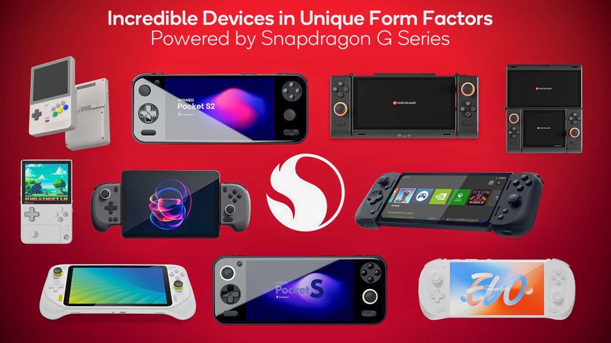 10 handhelds on a red background with the Qualcomm Snapdragon logo in the middle.