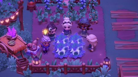 Moonlight Peaks - five characters stand around a crop of magical moon fruit