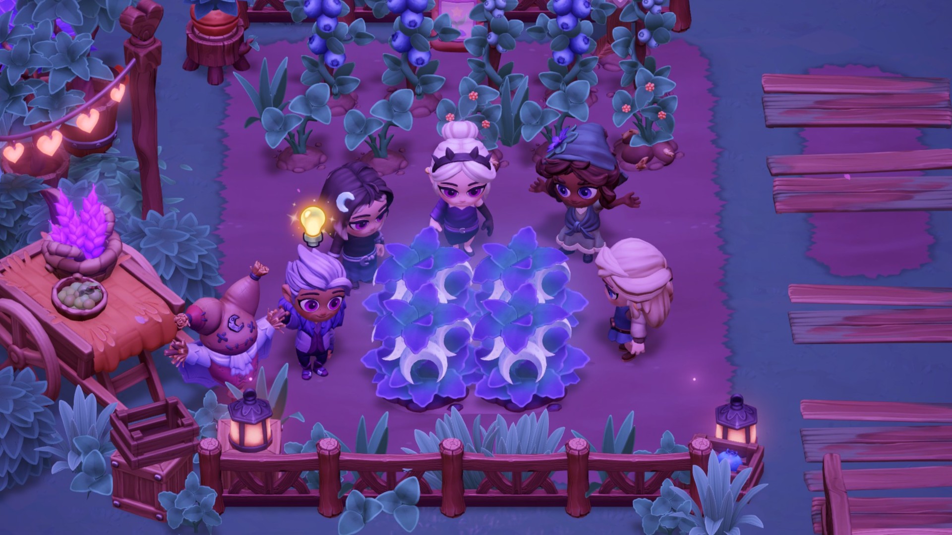 Moonlight Peaks - five characters stand around a crop of magical moon fruit