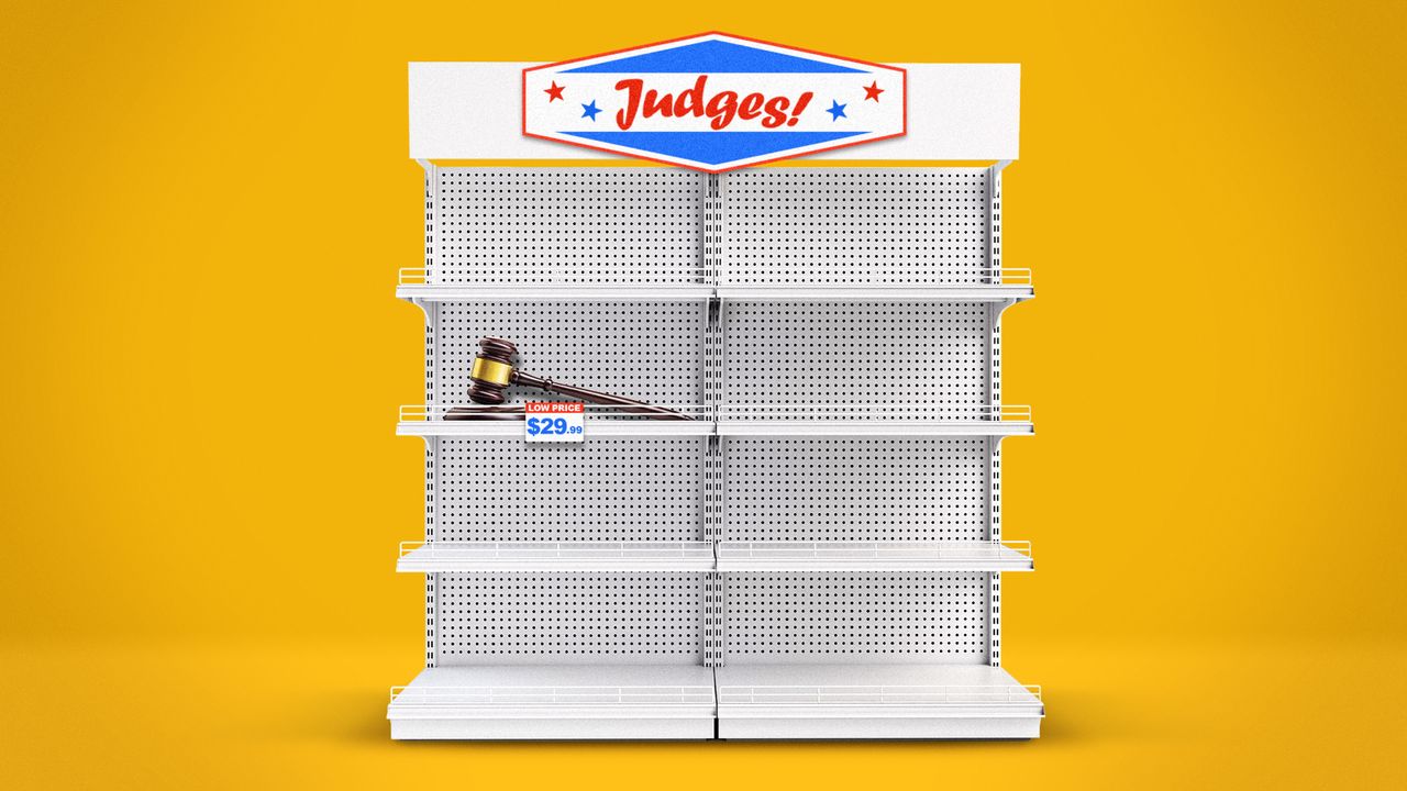 Illustration of a supermarket shelf with a judge&#039;s gavel on sale