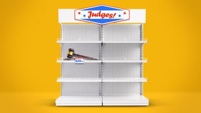 Illustration of a supermarket shelf with a judge's gavel on sale