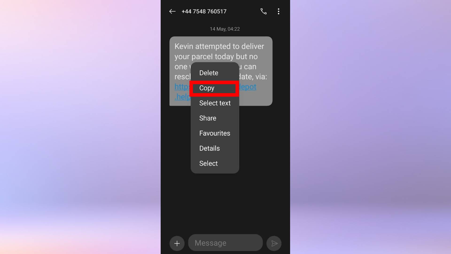 Екранна снимка на текстово съобщение за спам на телефон с Android