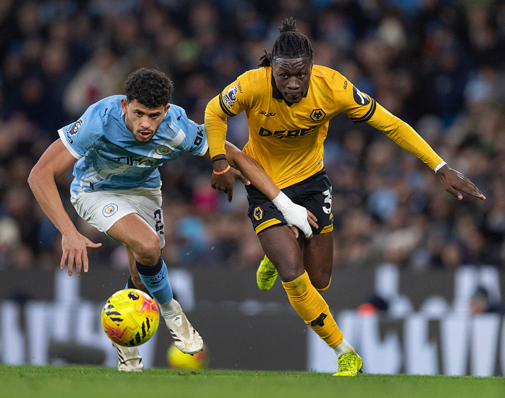 MANCHESTER, ENGLAND - JANUARY 24: Mateus Mane of Wolverhampton Wanderers and Matheus Nunes of Manchester City in action during the Premier League match between Manchester City and Wolverhampton Wanderers at Etihad Stadium on January 24, 2026 in Manchester, England. (Photo by Visionhaus/Getty Images) ***Local Caption*** Mateus Mane; Matheus Nunes