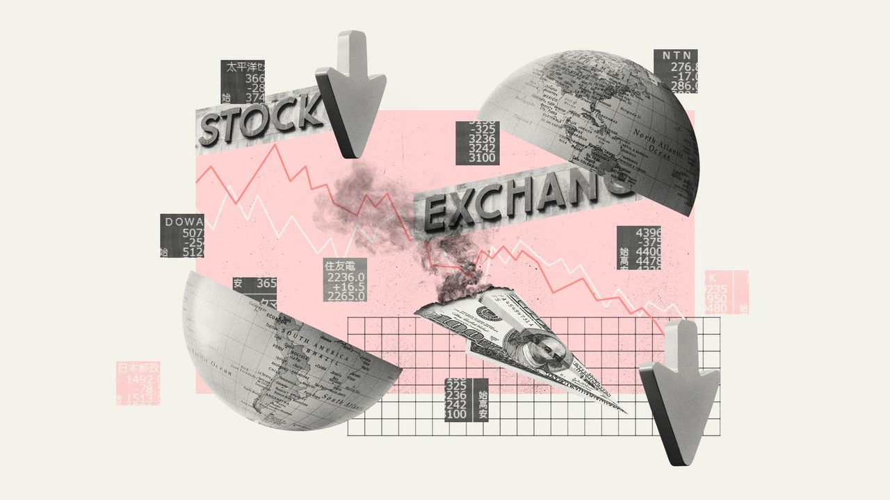 Illustration of a paper airplane made from US dollars, a globe and Stock Exchange sign