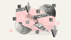 Illustration of a paper airplane made from US dollars, a globe and Stock Exchange sign