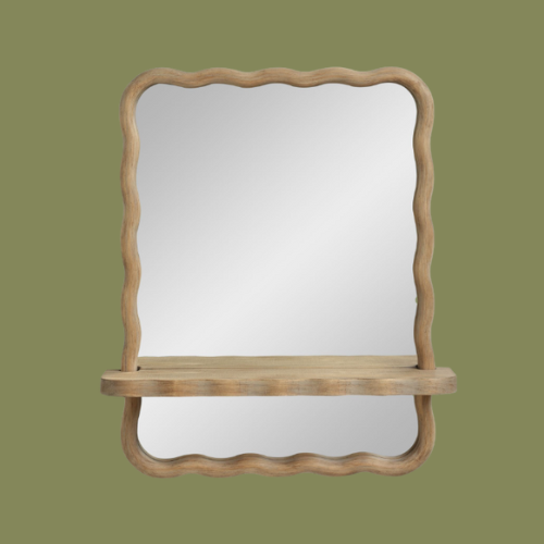 Natural Wavy Pine Wood Shelf Bathroom Wall Mirror