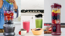 A Nutribullet and Ninja blender with fresh smoothies and smoothie bowls in between 