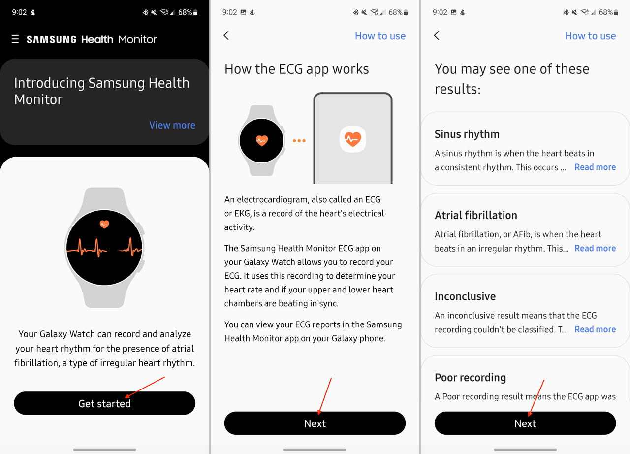 Samsung Health Monitor app first setup walkthrough with ECG warnings and descriptions