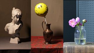 Reference images: image of a bust, vase with a balloon and jam jar with a flower in