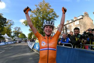 HARROGATE ENGLAND SEPTEMBER 28 Arrival Annemiek Van Vleuten of The Netherlands Celebration during the 92nd UCI Road World Championships 2019 Women Elite Road Race a 1494km race from Bradford to Harrogate 125m Yorkshire2019 Yorkshire2019 on September 28 2019 in Harrogate England Photo by Tim de WaeleGetty Images