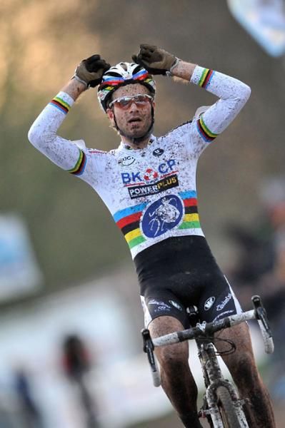 Niels Albert looks relieved as he returns to the winners circle with victory in Essen