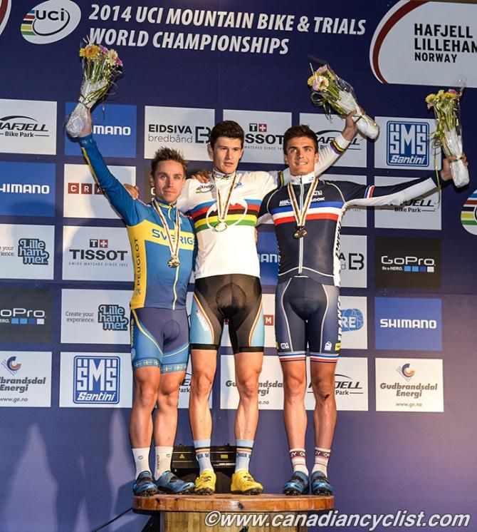 Elite men's eliminator world championship podium - Emil Lindgren, Fabrice Mels and Kevin Miquel