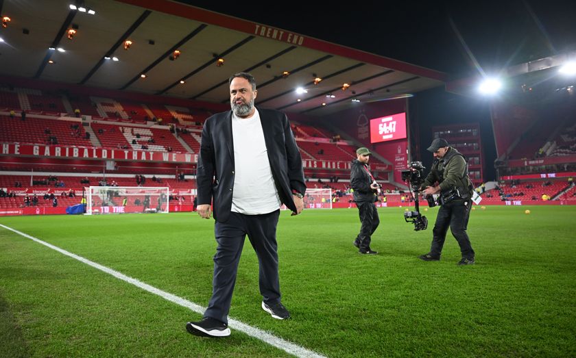 NOTTINGHAM, ENGLAND - JANUARY 14: Evangelos Marinakis, Greek Businessman and owner of Nottingham Forest, looks on prior to the Premier League match between Nottingham Forest FC and Liverpool FC at City Ground on January 14, 2025 in Nottingham, England. (Photo by Michael Regan/Getty Images)