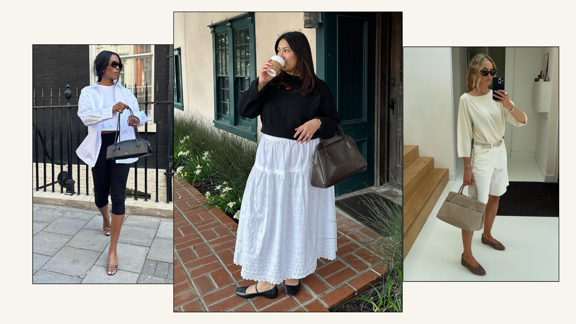 Three different summer outfits featuring shorts, capris, and a maxi skirt