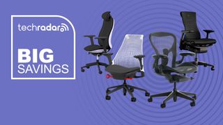 A Herman Miller Embody, Aeron, Vantum, and Sayl on a purple background next to a TechRadar badge that reads 'Big Savings'