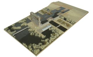 Model showing the visitor centre’s overview within the landscape, from the lookout tower side