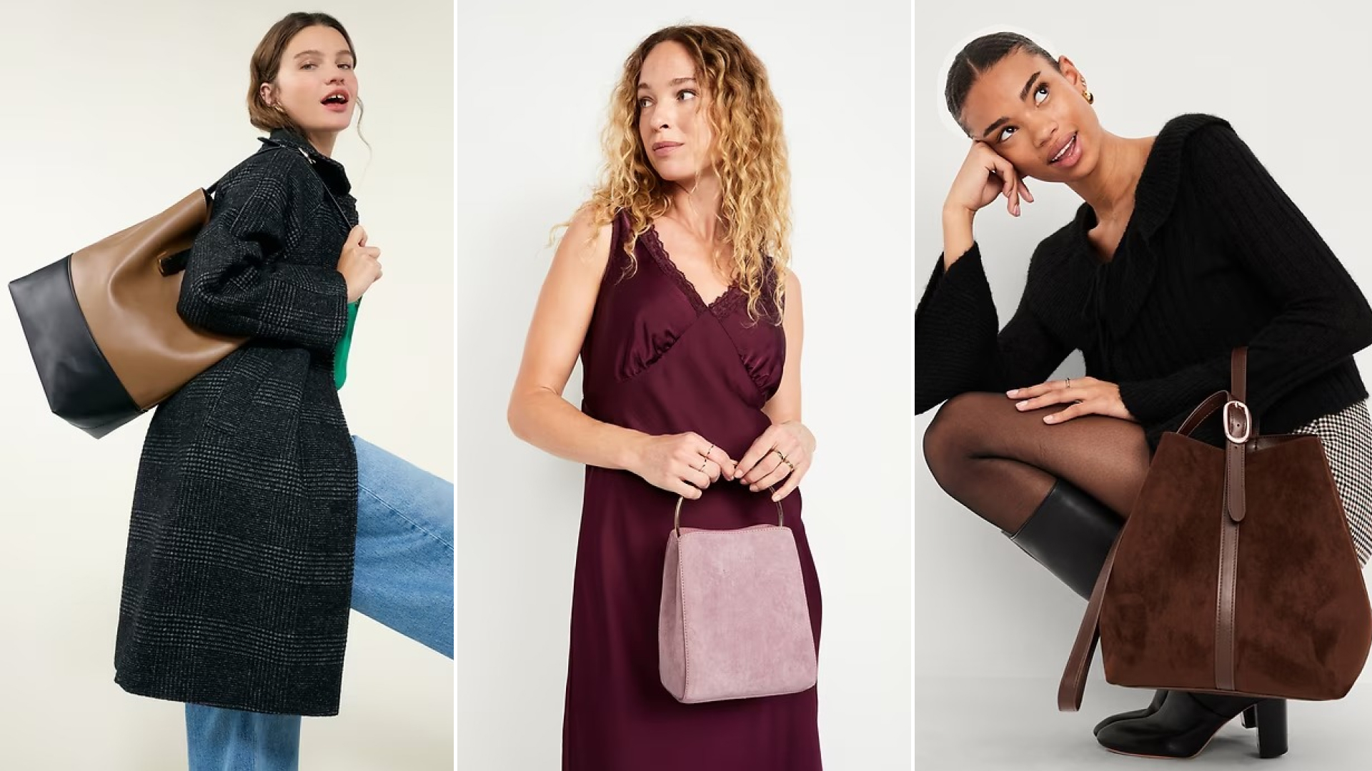 Old navy models carrying fall 2025 handbags on gradient background