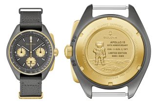 Bulova's 50th Anniversary Limited Edition Lunar Pilot features golden accents for the 50 years since NASA's Apollo 15 moon landing mission.