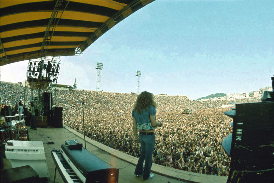 Led Zeppelin onstage at the Kazan Stadium in San Fransisco, 1973