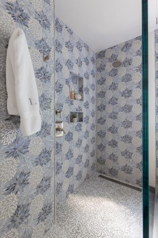 Bathroom with walk in shower and blue floral wall tiles