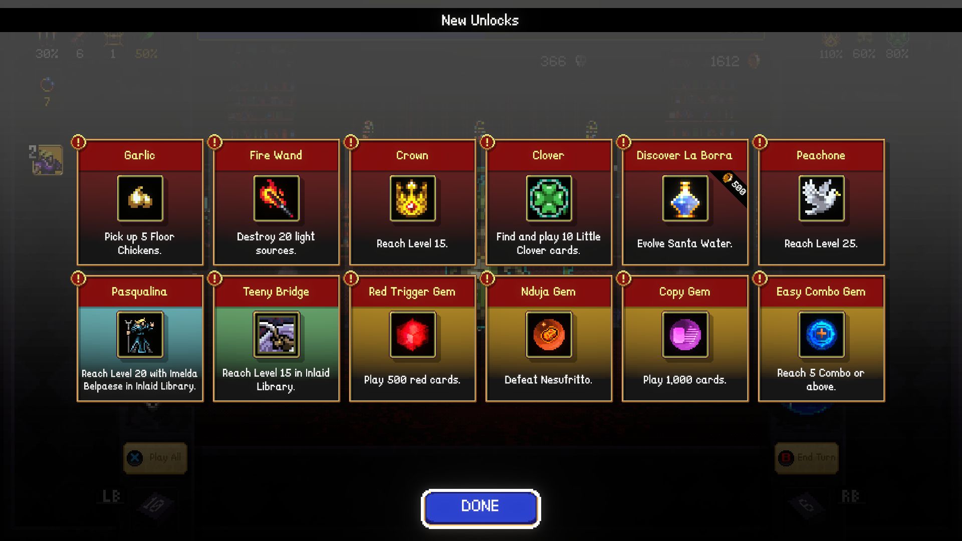 A gaming screen titled "New Unlocks" displays various achievements such as Garlic, Fire Wand, Crown, and Clover with their unlocking requirements. A "DONE" button is at the bottom.