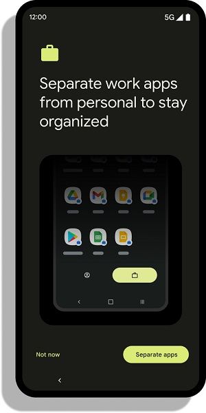 Google's new menu for keeping work and personal apps separate in Android 13.
