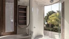 A minimalist stone bathroom with wood accents, a shower room, a rain shower fixture, and a floor length window with a view of nature