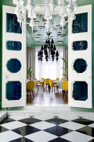 Harlequin-themed interiors at La Terraza del Casino restaurant, Madrid, Spain