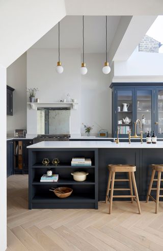 navy kitchen with vaulted ceiling