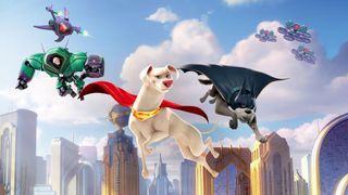 A promotional image for DC League of Super-Pets, which stars Krypto and Ace