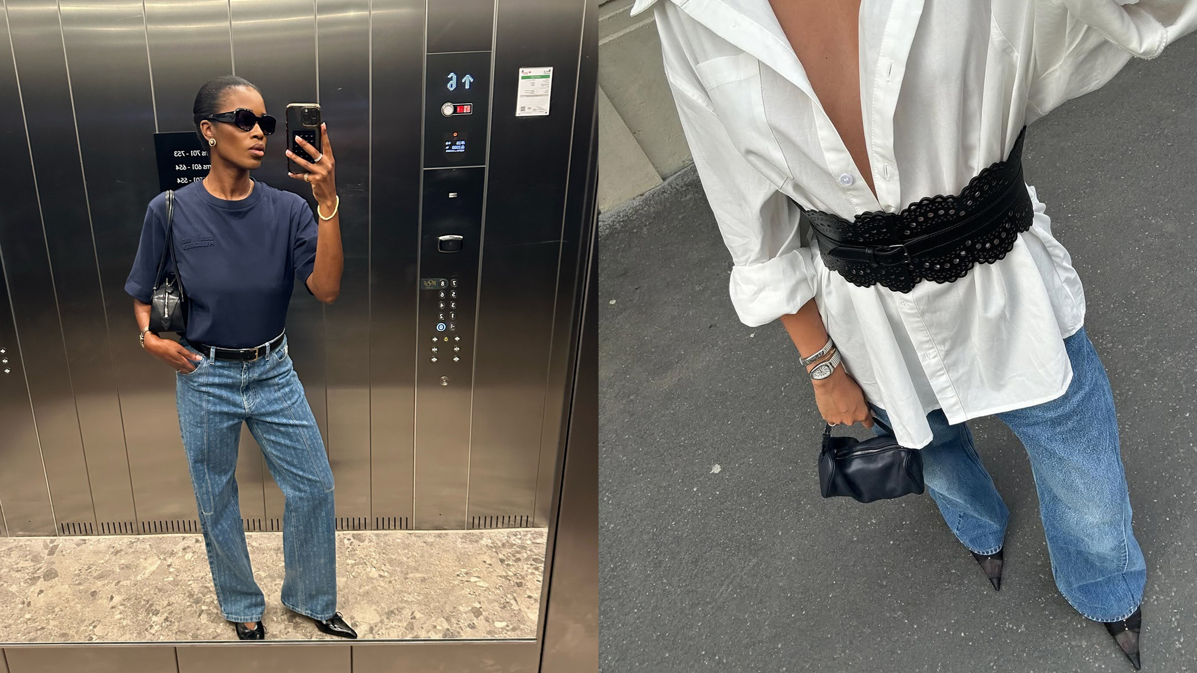 @nlmarilyn and @piashah_ wearing long jeans with black pointed-toe heels.