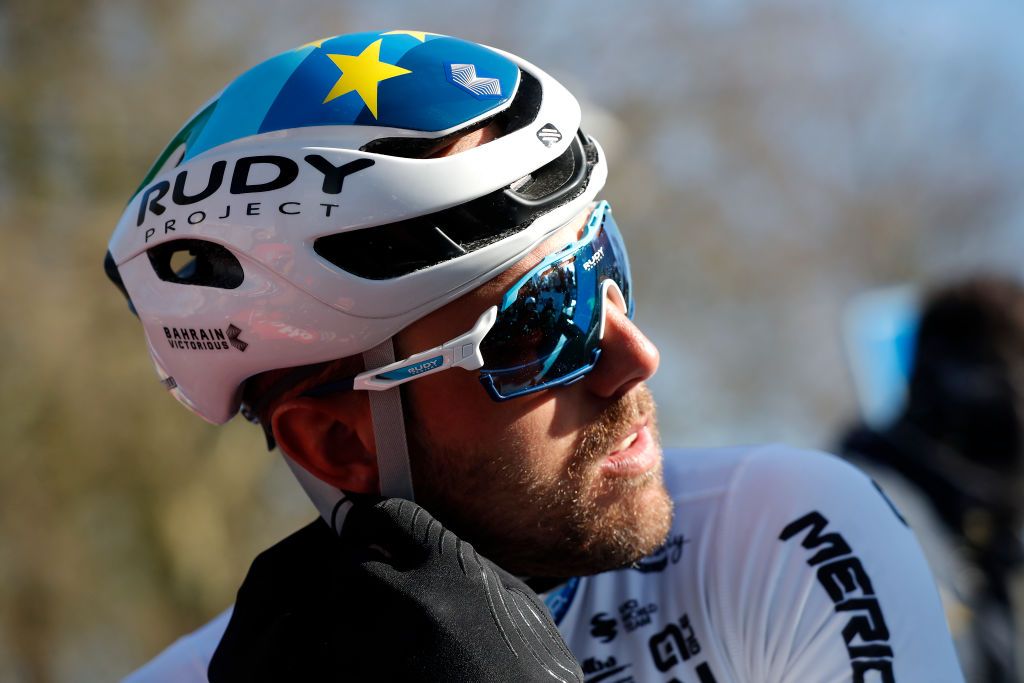 NINOVE BELGIUM FEBRUARY 26 Sonny Colbrelli of Italy and Team Bahrain Victorious prior to the 77th Omloop Het Nieuwsblad 2022 Mens Race a 2042km race from Ghent to Ninove OHN22 FlandersClassic WorldTour on February 26 2022 in Ninove Belgium Photo by Bas CzerwinskiGetty Images