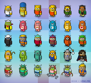 Pixel art: half-bug, half-Android creatures resembling characters such as Bart Simpson and Cartman
